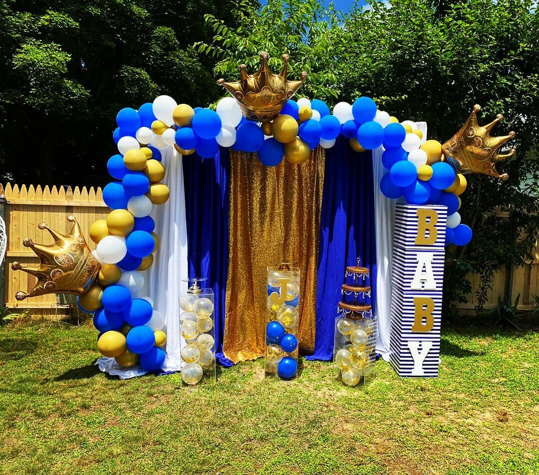 Royal blue and gold crown balloon arch, baby shower